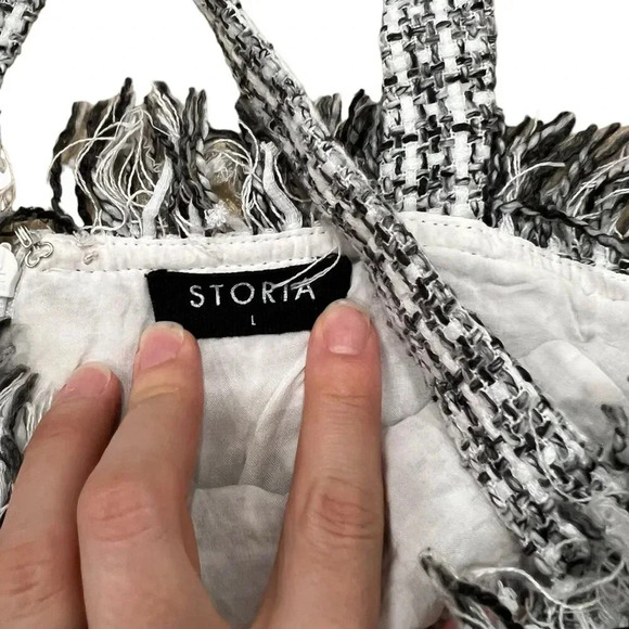 Storia Black Gingham Tweed Fringe Mini Dress L - Picture 3 of 4